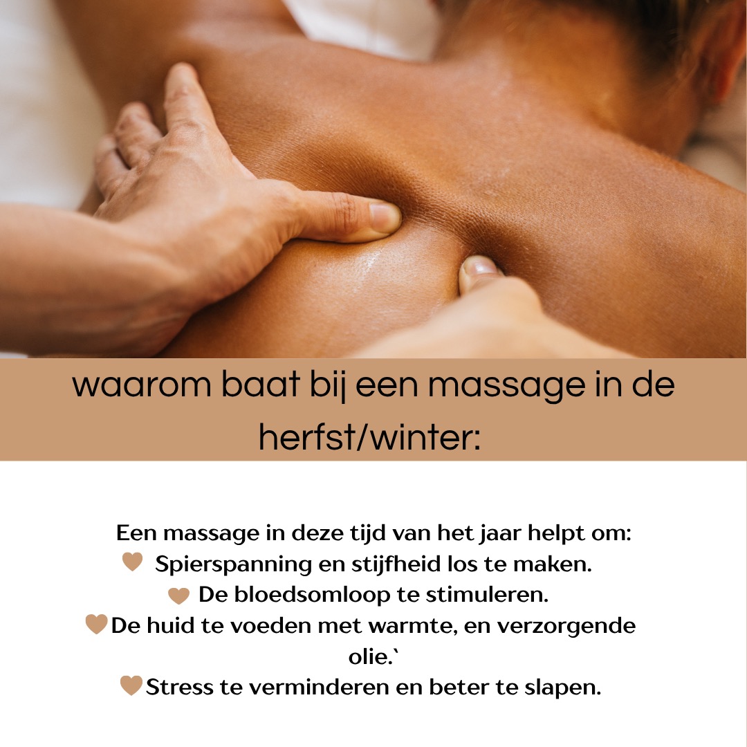 Gun jezelf dus juist in de herfst en winter wat extra aandacht, Een moment van warmte, ontspanning en herstel doet een mens goed.🤍 -Kou en spierspanning: met kou trekken je spieren reflexmatig samen om warmte vast te houden, dat kan leiden tot spierspanning, een massage helpt die spanning los te maken en de doorbloeding te verbeteren. -Stress en seizoensdip: Kortere dagen, en minder zonlicht kunnen zorgen voor meer vermoeidheid, stress of een winterdip, een massage helpt bij ontspanning, verhoogd serotonine en oxytocineniveaus en ondersteunt zo je stemming en slaapkwaliteit.